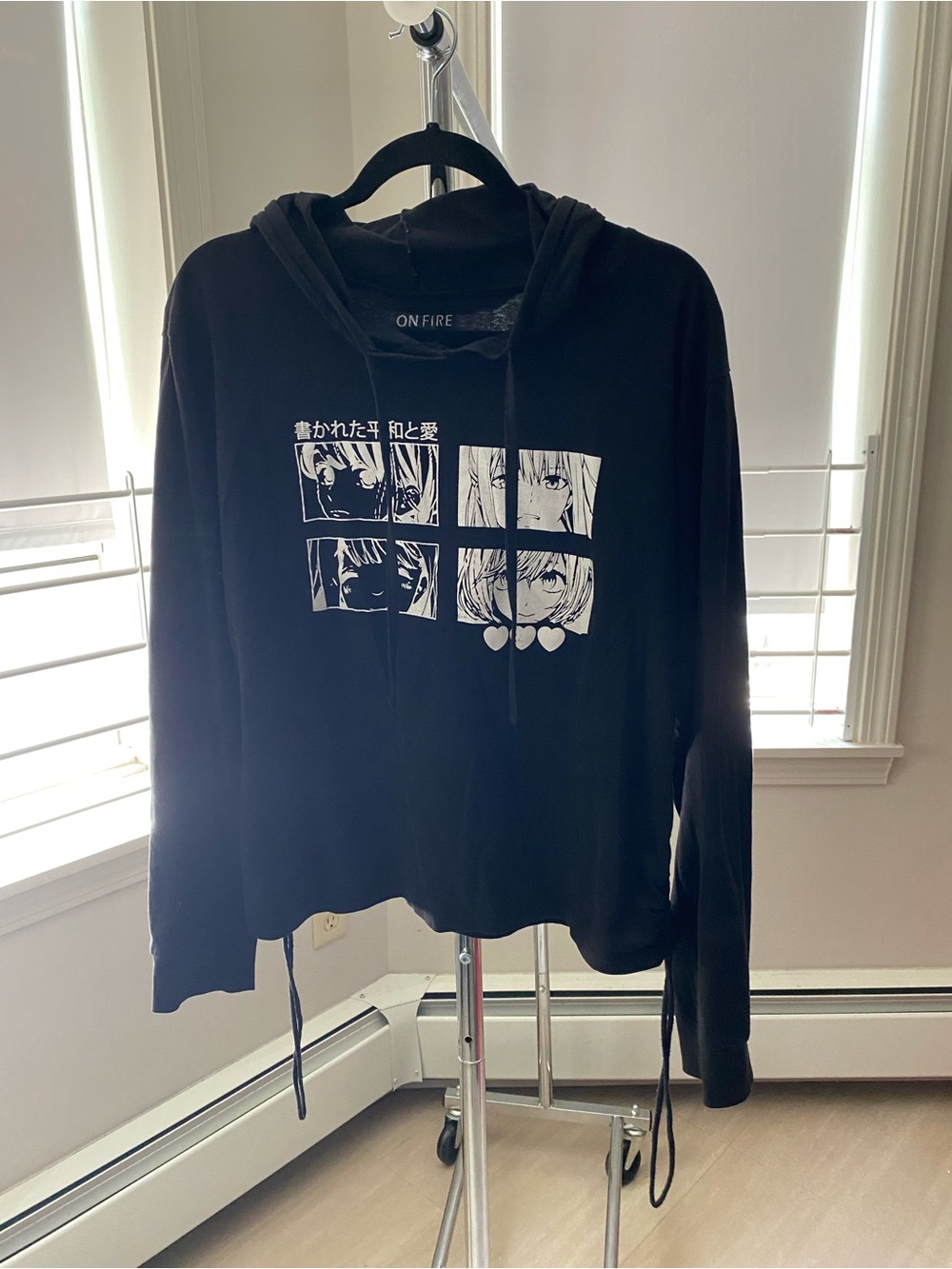 On Fire Black Hoodie with White Anime Panel Graphics